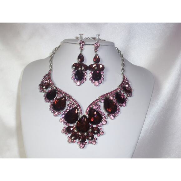 Purple necklace set, statement wedding MOB party prom formal ballroom necklace - Picture 3 of 6